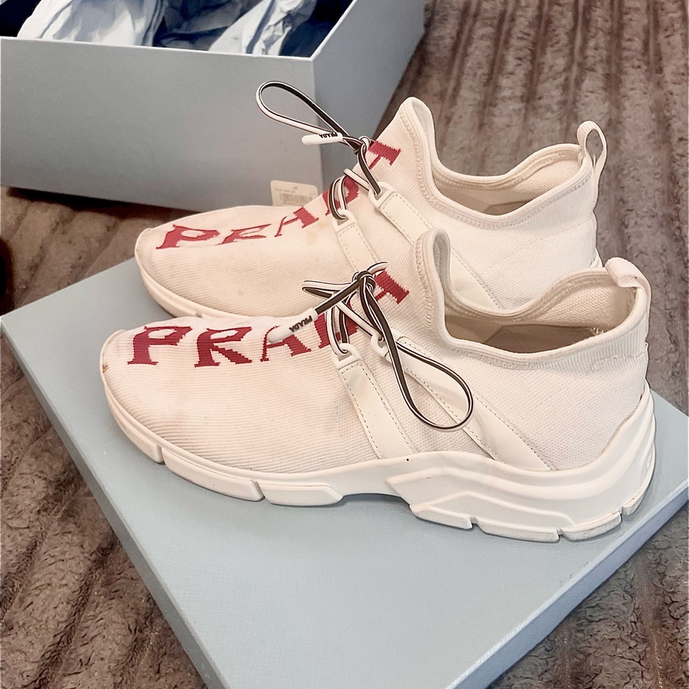 Prada White Sneakers with Red Logo - Picture 3 of 5